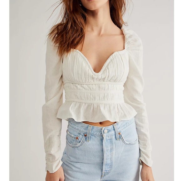 NWT FREE PEOPLE SMOCKED NECK CHLOE TOP WHITE - S - Picture 1 of 13